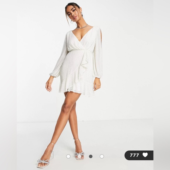 ASOS Miss Selfridge Premium embellished sequin wrap mini dress in white - Picture 4 of 5